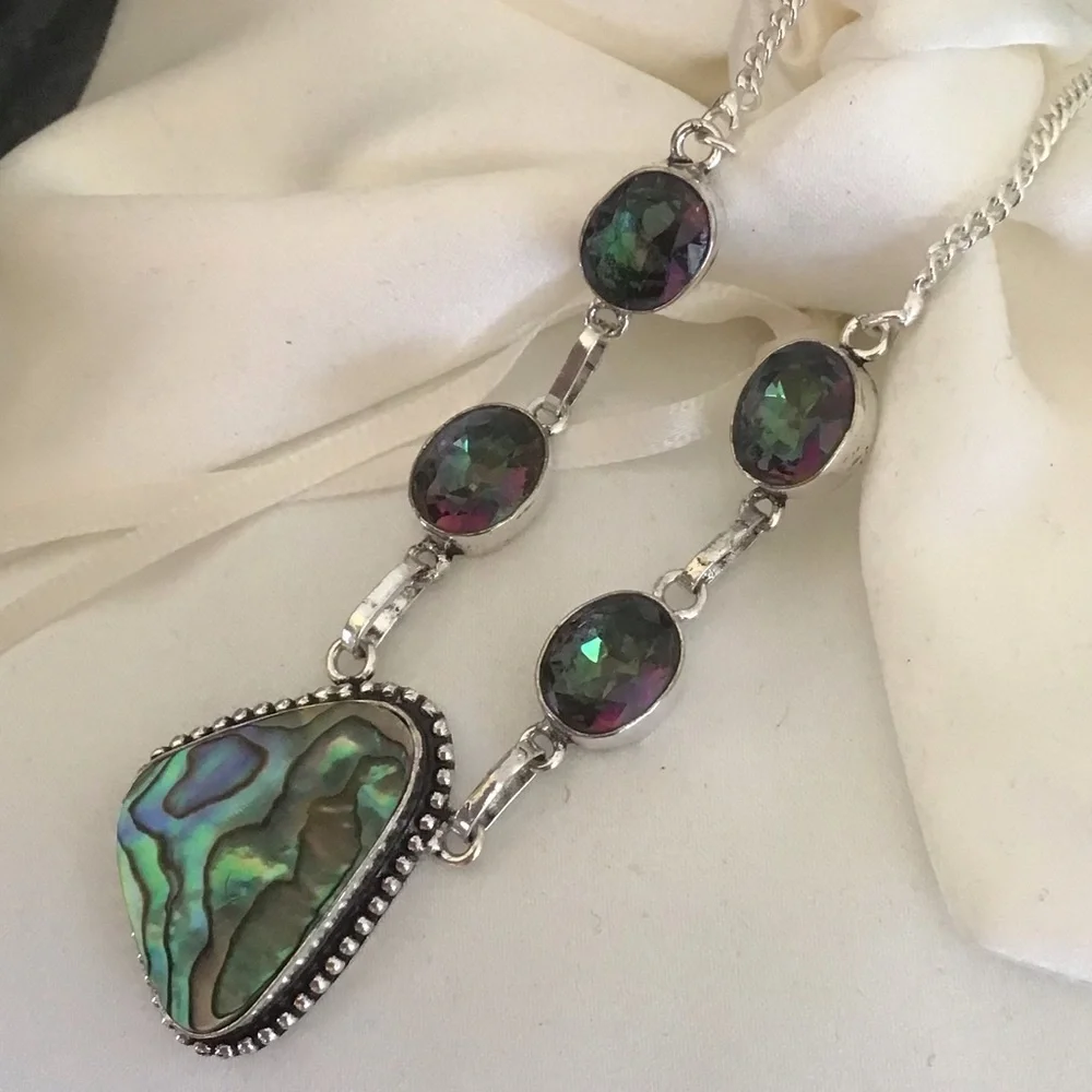 Sterling Silver Mystic Fire Topaz and Abalone Pearl Necklace Choker - Picture 3 of 11